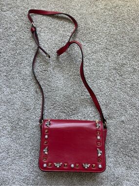 Uterque Red Leather Crossbody with Jewel and Stud Embellishments